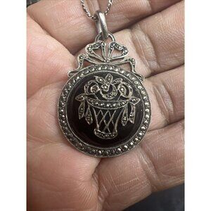 Unique sterling silver vintage marcasite Flower‎ Básquet  pendant, Necklace .